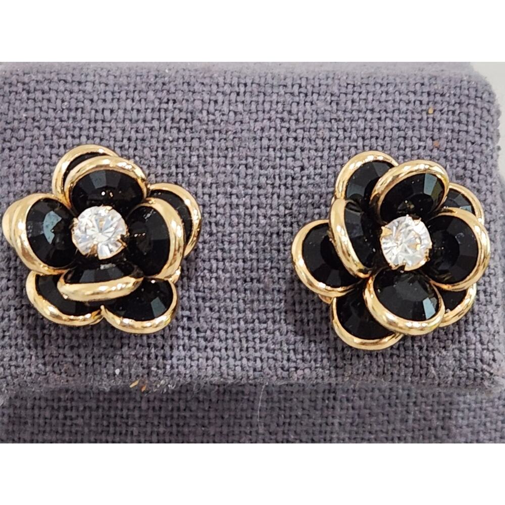 Black Gold Rhinestone Flower Shape Stud Earrings 1" Width